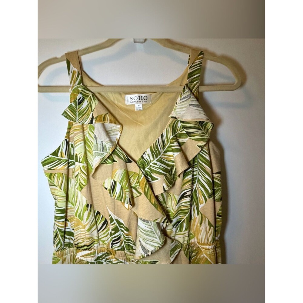 SOHO Beige Maxi Dress with Green Leaf Print and Ruffle V-Neckline - Picture 2 of 3